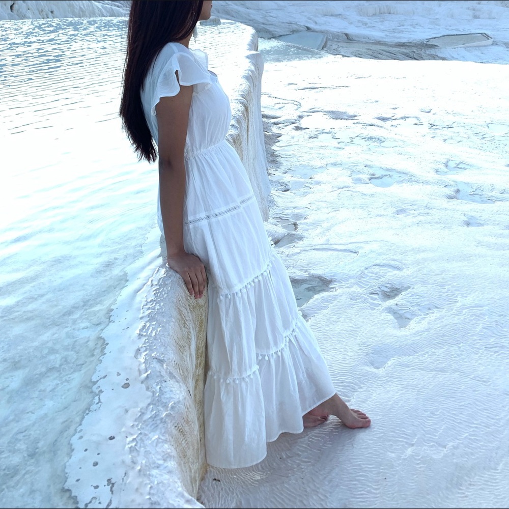 White pompom v neck dress